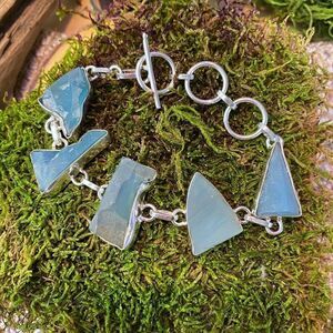 Rough Aqua Chalcedony Gemstone Sterling Silver Toggle Bracelet